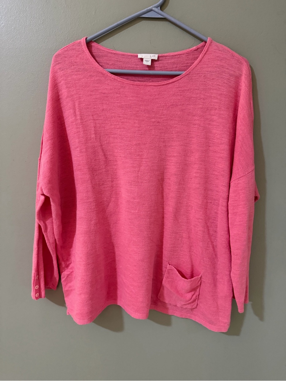 J.Jill -Sz L Peony Pink Lovely Cotton Linen 3/4 Pullover Sweater Fabulous